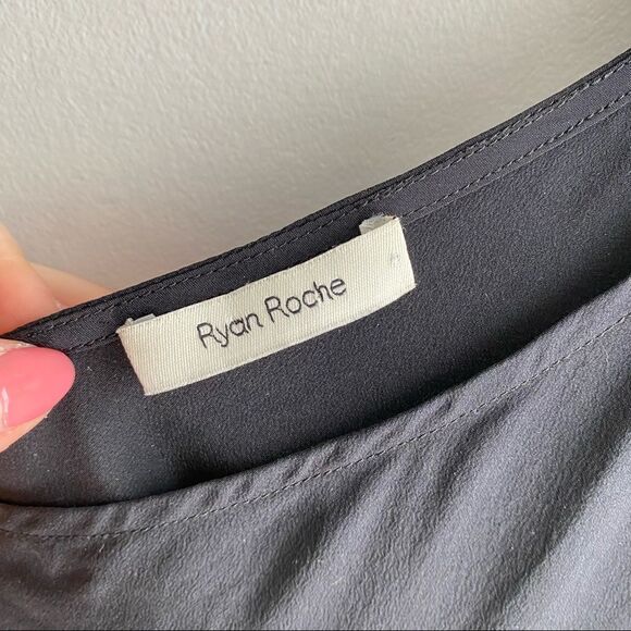 Ryan Roche black silk one shoulder long sleeve drape straight a-line midi dress - Picture 3 of 6